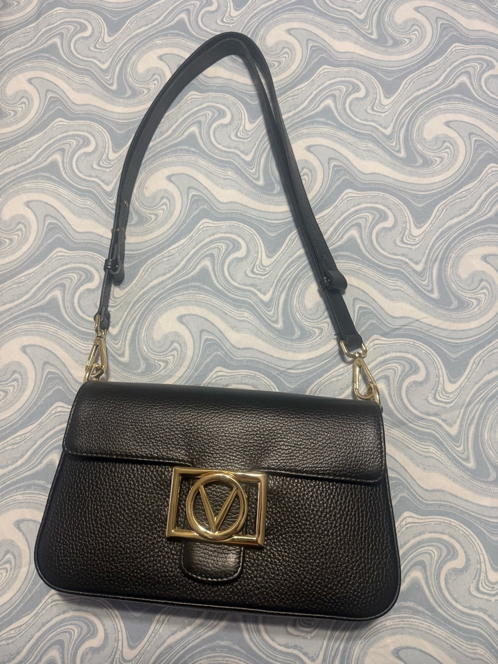 Valentino Black Leather Shoulder Bag with Gold V Emblem